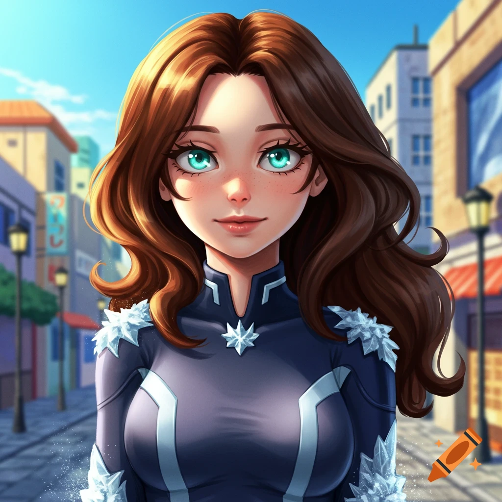 Anime-style portrait of a brown-haired girl with teal eyes in a dark blue and white ice-themed suit, standing in a city street.