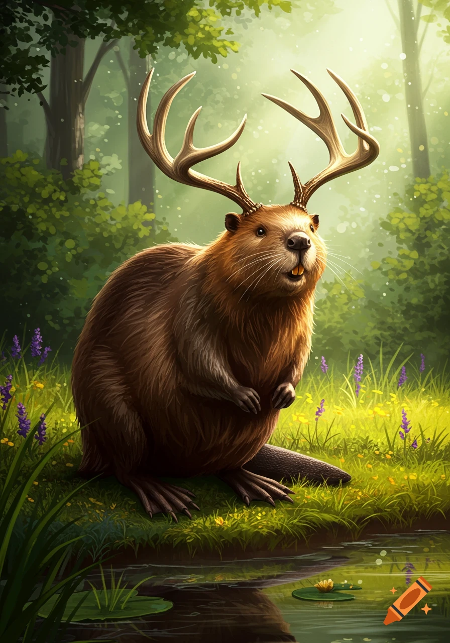 A fantastical creature, a beaver with large deer antlers, stands by a tranquil pond in a sunlit forest.