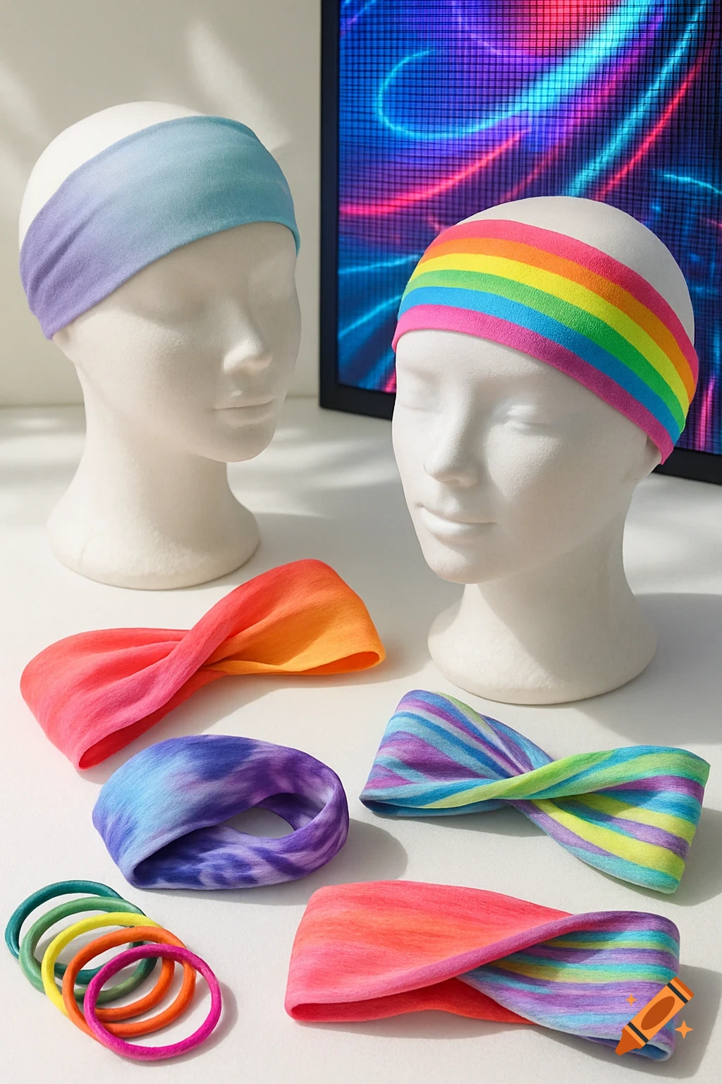 Colorful headbands and hair ties on a white surface, with two mannequin heads and a vibrant digital screen.
