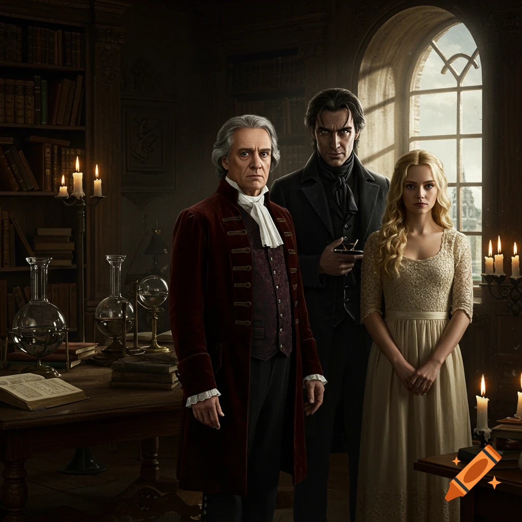 Three people in historical attire, including a man in a red coat and a woman in a cream dress, stand in an old study with books, beakers, and candles.