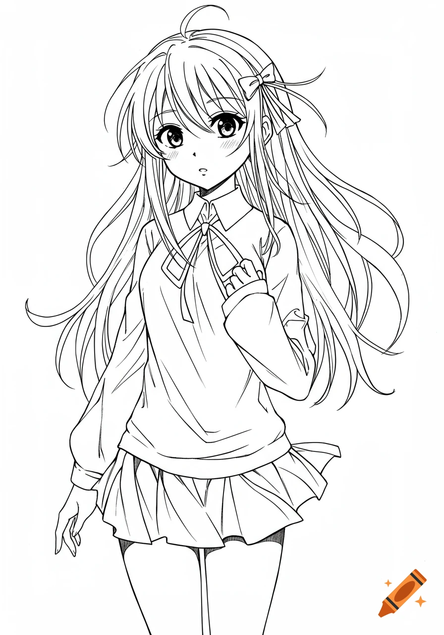 A black and white line art drawing of a shy anime girl with long hair, wearing a collared shirt and pleated skirt.