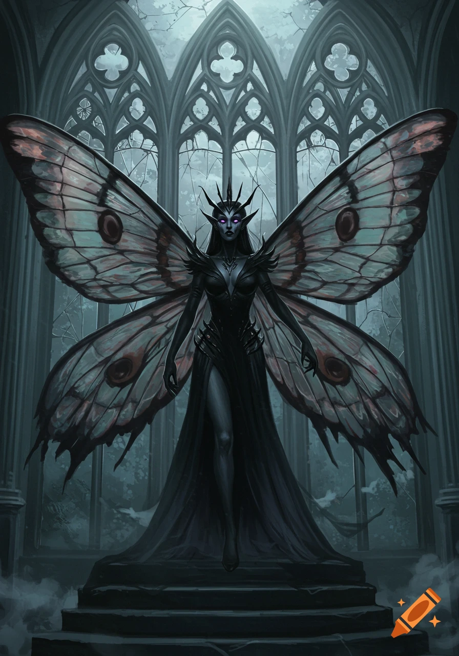 A dark, elegant moth-like fairy queen with glowing eyes stands in a ruined gothic throne room with shattered windows.