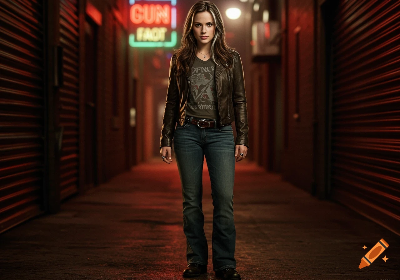 A photorealistic full-body portrait of a young woman with streaked hair, wearing a leather jacket and jeans, standing in a dimly lit urban alley with neon signs.