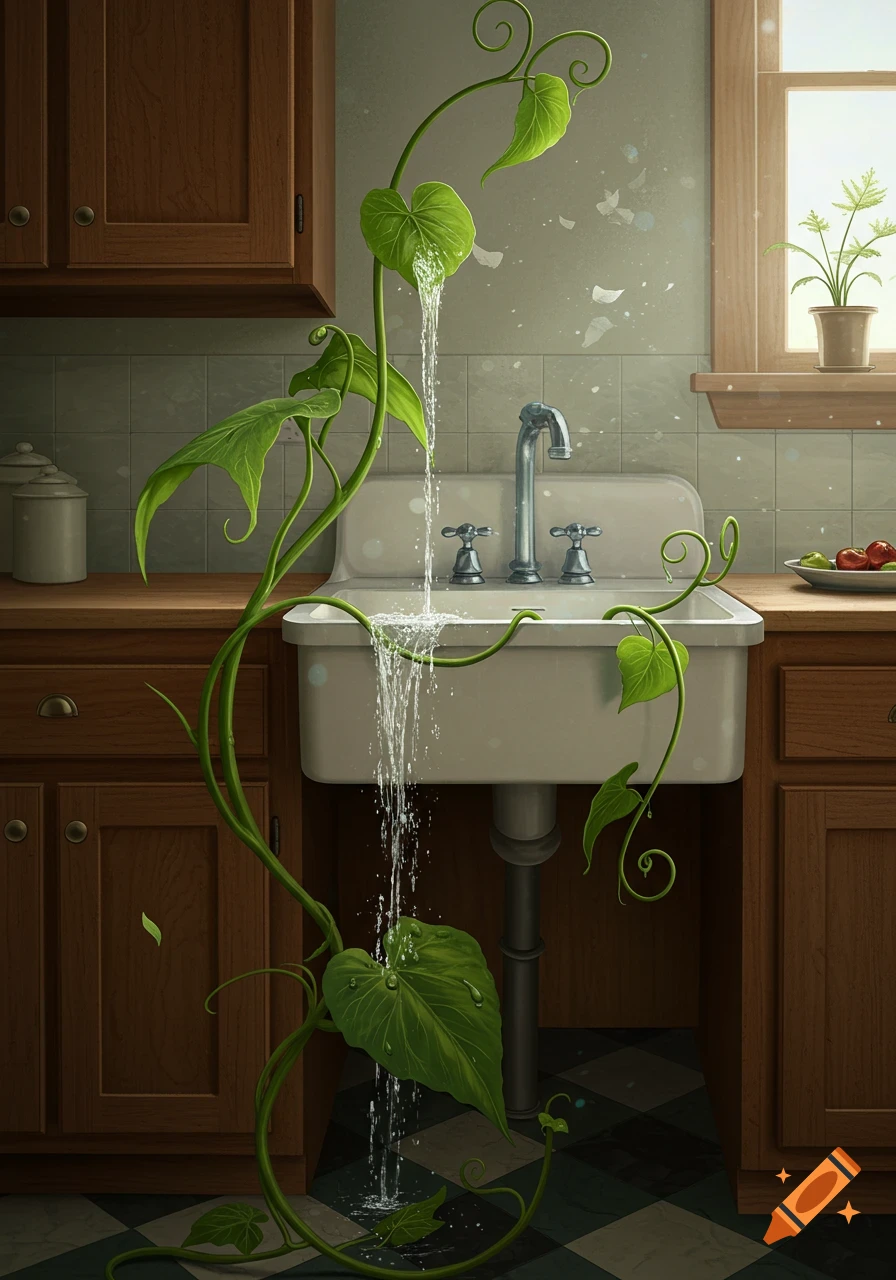 A large green plant vine with water pouring from its leaves into a white kitchen sink. The kitchen has wooden cabinets and a window.