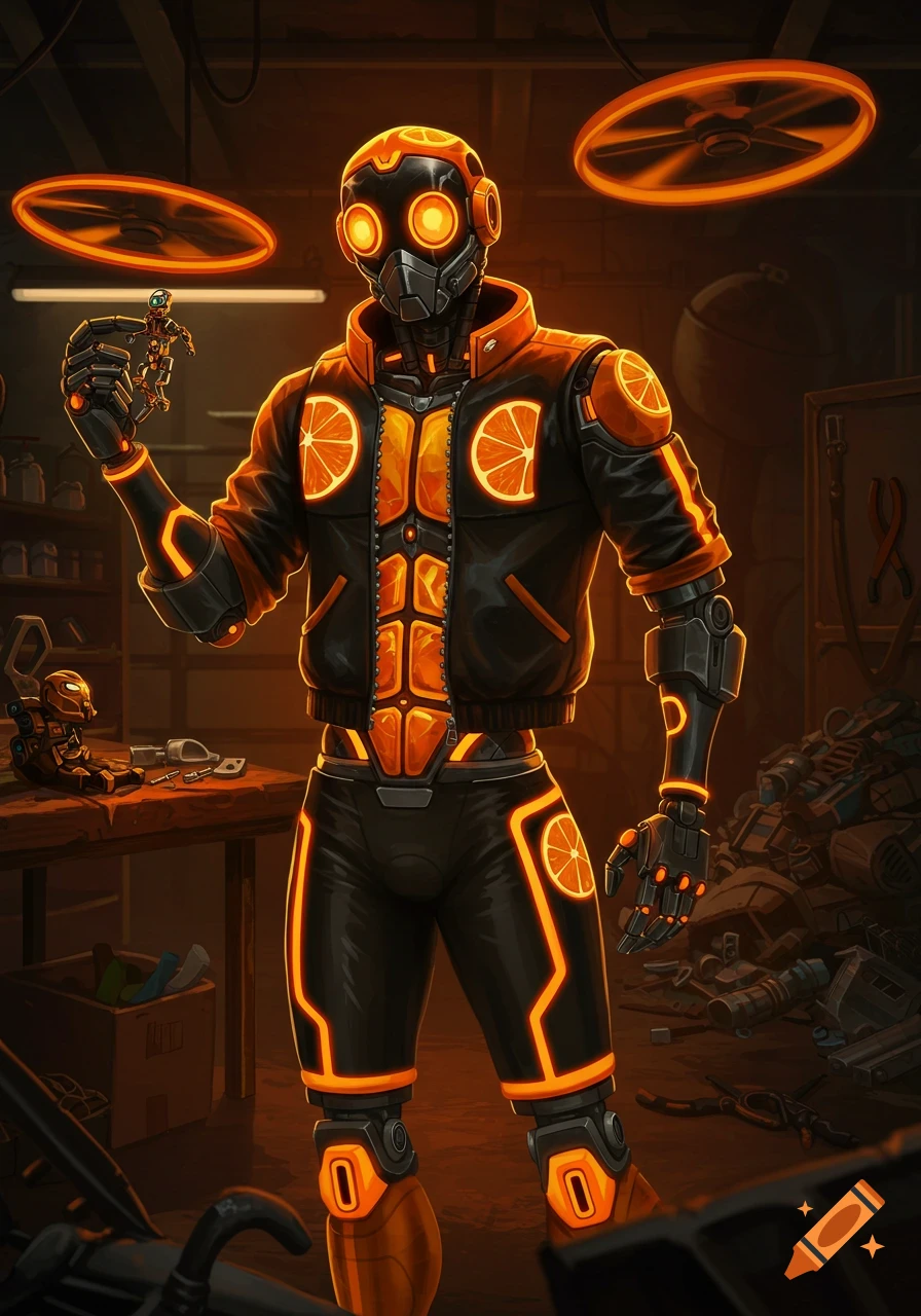 A sleek black robot with glowing orange accents stands in a workshop, holding a small robot figure.