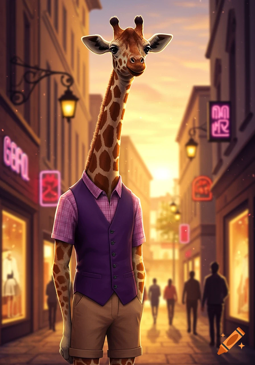 An anthropomorphic giraffe in a purple vest and plaid shirt walks down a city street at sunset.