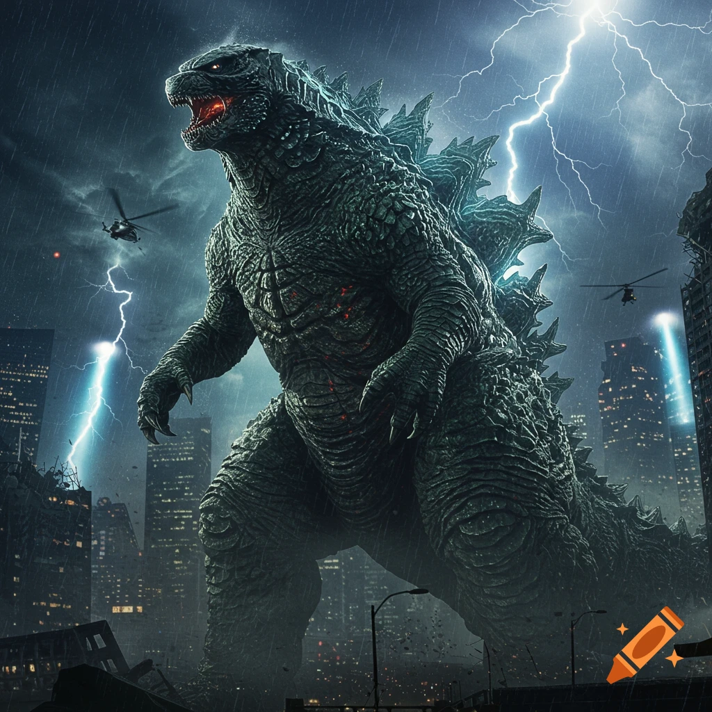 Hyperrealistic Godzilla roars in a destroyed city under a stormy, lightning-filled sky, with helicopters nearby.