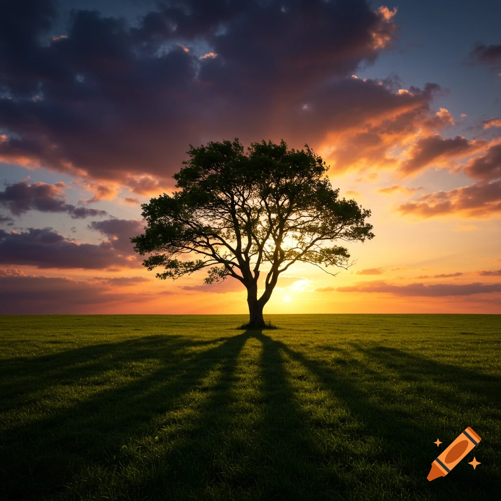 A lone tree stands silhouetted against a vibrant orange and purple sunset over a green field.