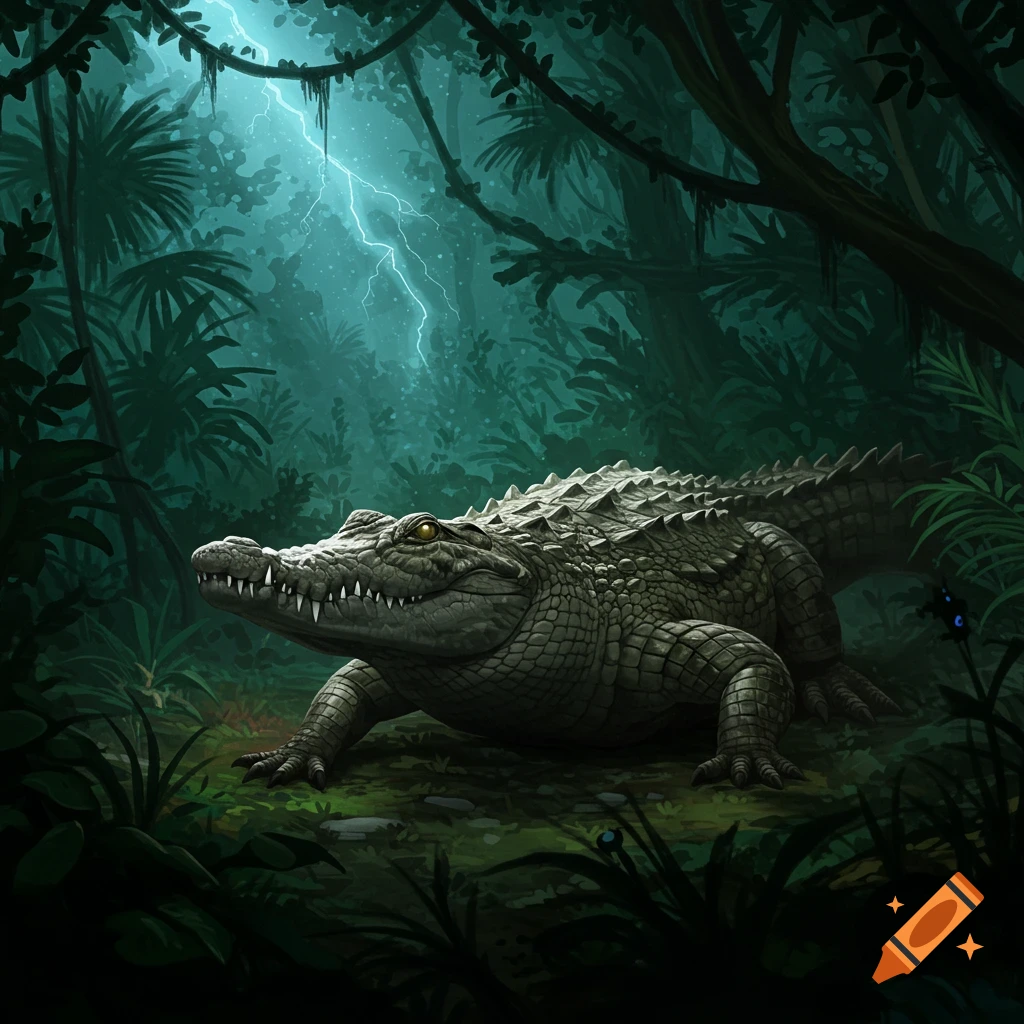 A large crocodile in a dense, dark jungle with a lightning bolt striking in the background.