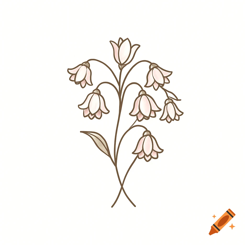 Stylized illustration of light pink bell-shaped flowers on a brown stem with a single leaf, on a white background.