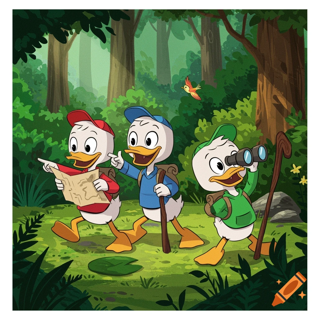 Three cartoon duck triplets, Huey, Dewey, and Louie, hike through a green forest. One holds a map, another points, and the third looks through binoculars.