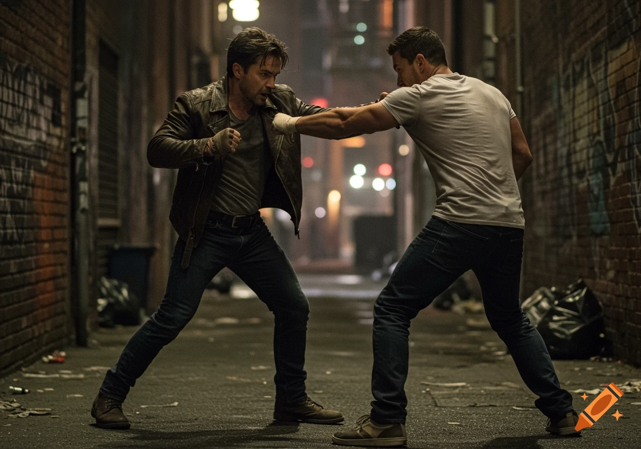 Two men are fighting in a dark, gritty alley at night.