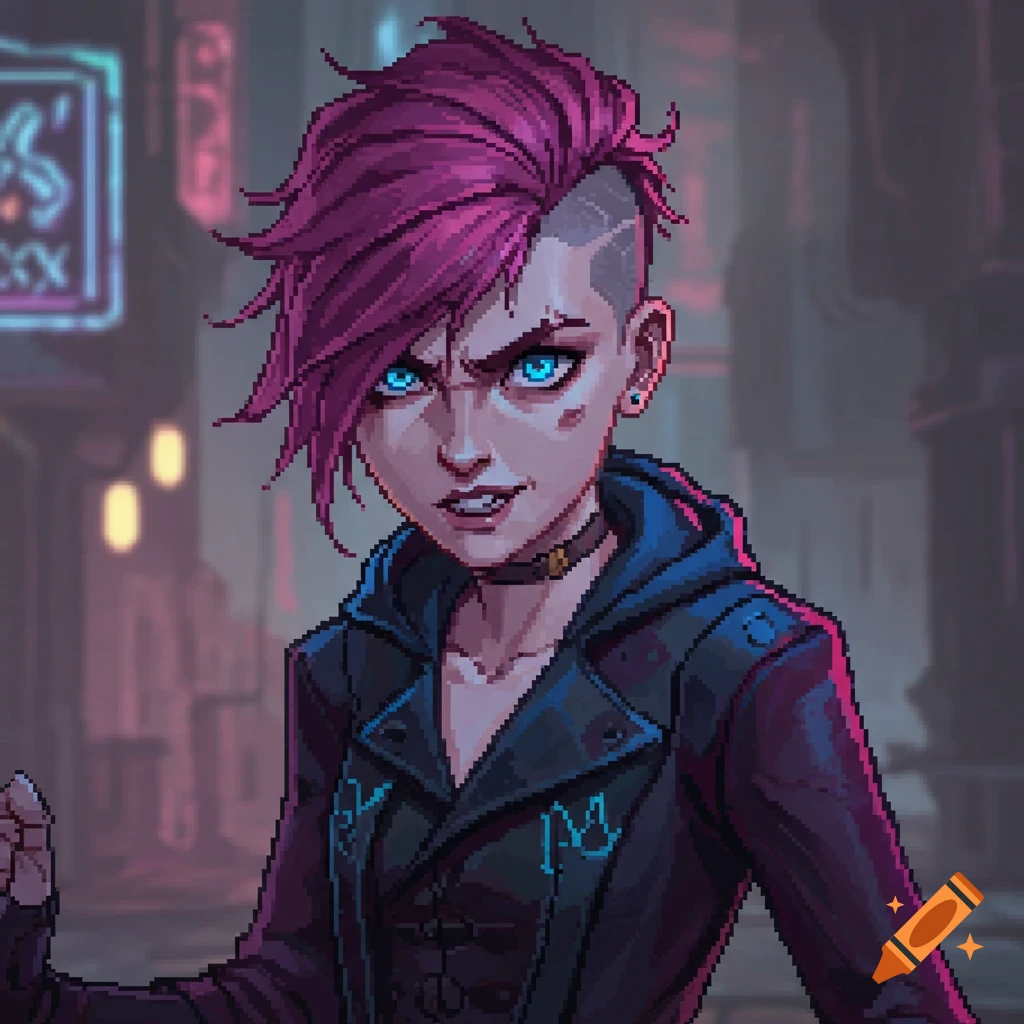 A pixel art portrait of Vi from Arcane, with vibrant pink hair, blue glowing eyes, and a stern expression, in a cyberpunk-inspired setting.