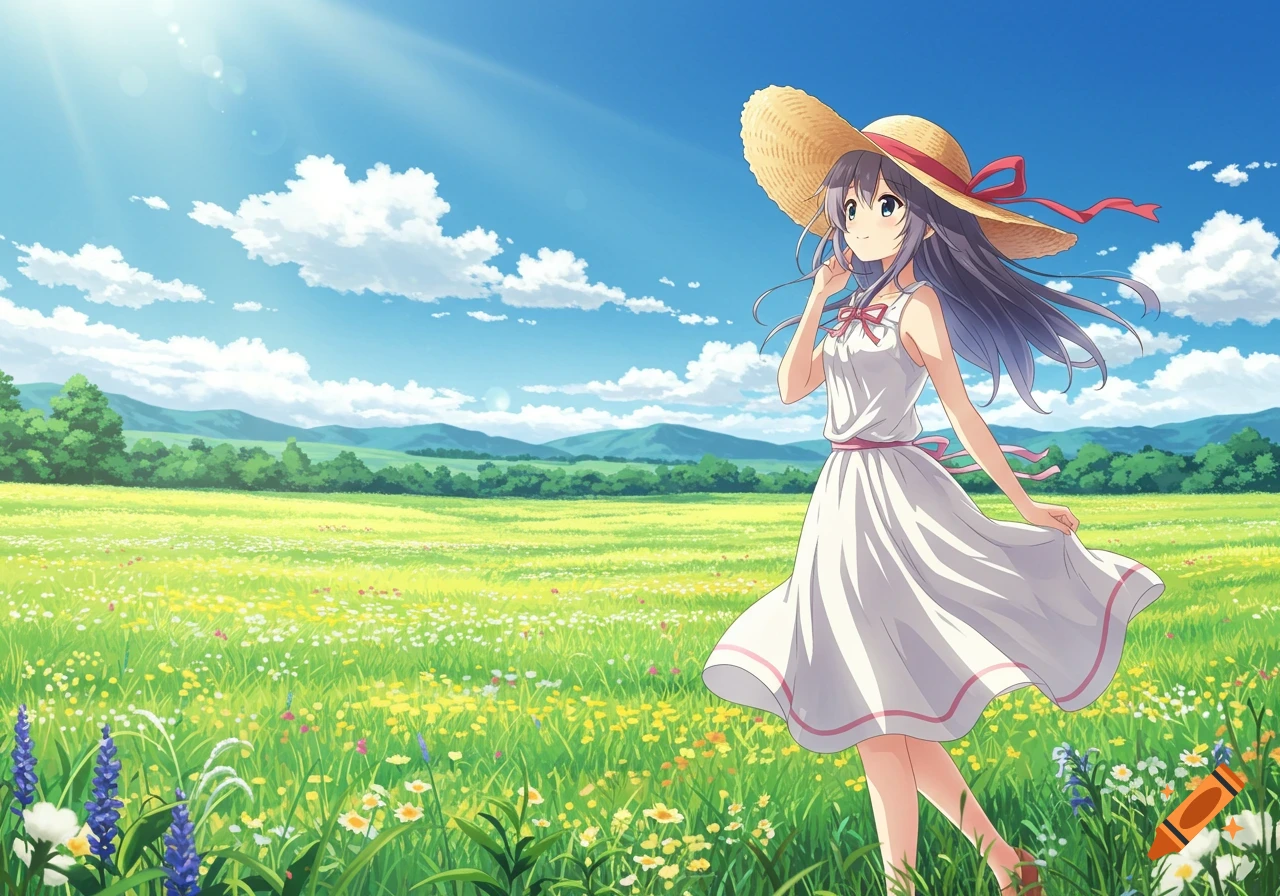 An anime girl in a white sun dress and straw hat stands in a vibrant, sunny spring meadow with wildflowers and distant mountains.
