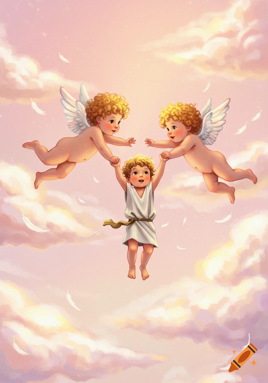 Two winged cupids fly through pastel clouds, holding up a boy in a tunic as feathers fall around them. Illustrated.