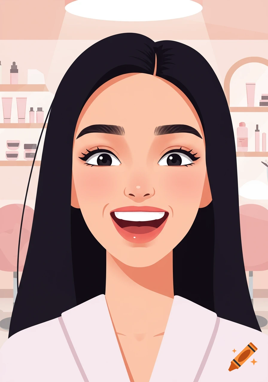 A smiling cartoon woman with black hair in a beauty salon, flat illustration style.