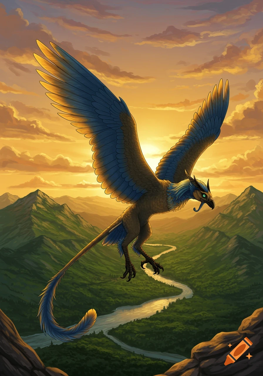 A majestic griffin-like creature with blue wings soars over green mountains and a winding river at sunset, in an illustrative style.