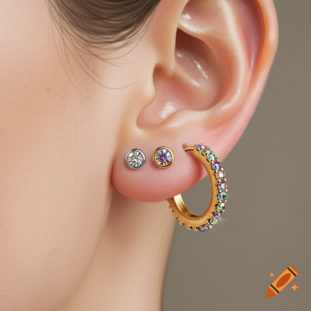Close-up of an ear with two piercings, one a small silver stud and the other a gold hoop earring with colorful rhinestones.