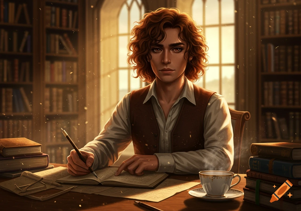A person with curly brown hair writes in a book at a wooden desk, with stacks of books and a teacup, in a sunlit library.