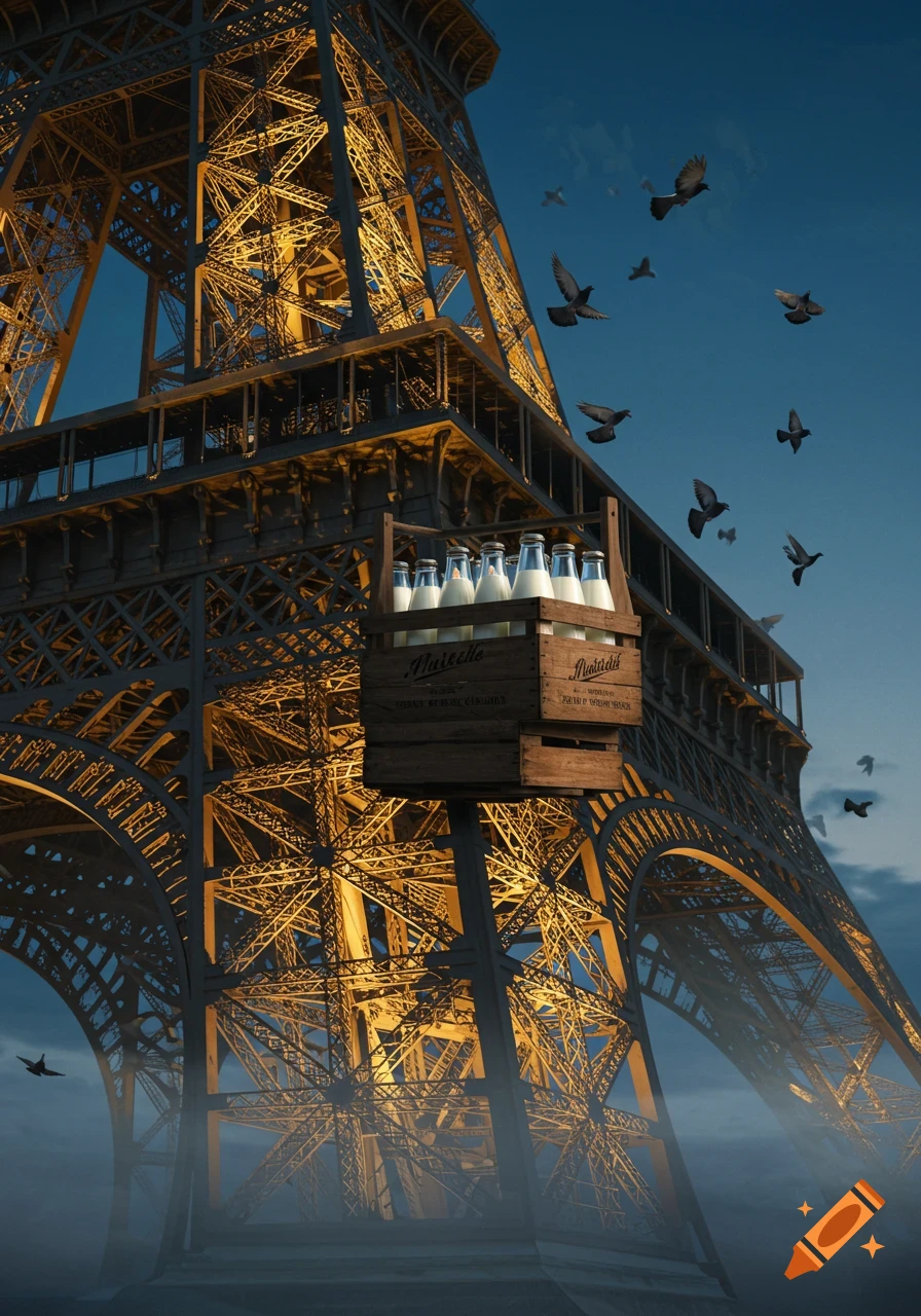 A wooden crate filled with milk bottles hangs from the illuminated Eiffel Tower at dusk, with birds flying around.