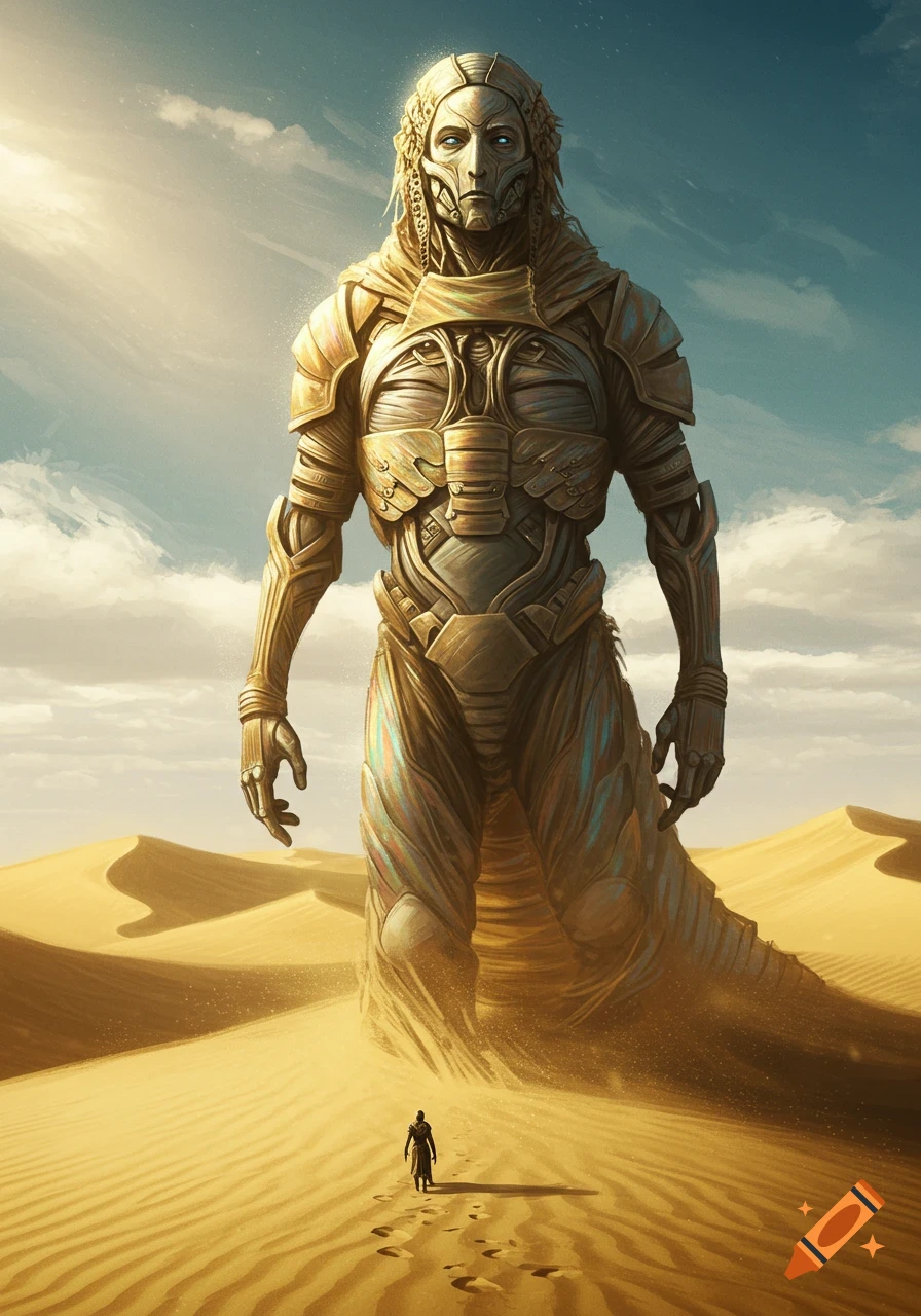 A colossal, armored humanoid figure stands in a vast golden desert, gazing down at a tiny human figure walking towards it. The sky is bright with clouds.