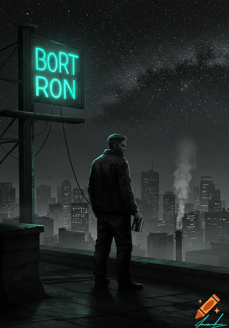 Digital art of a man on a rooftop at night, holding a flask, looking at a city skyline under a starry sky. A neon sign reads 'BORT RON'.