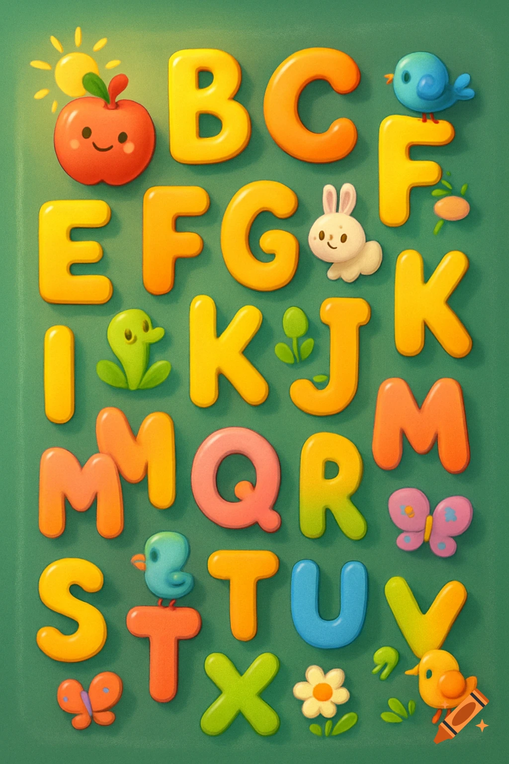 Colorful, bubbly alphabet letters with cute cartoon animals and objects like an apple, bunny, birds, and flowers on a green background, in a stylized illustration.