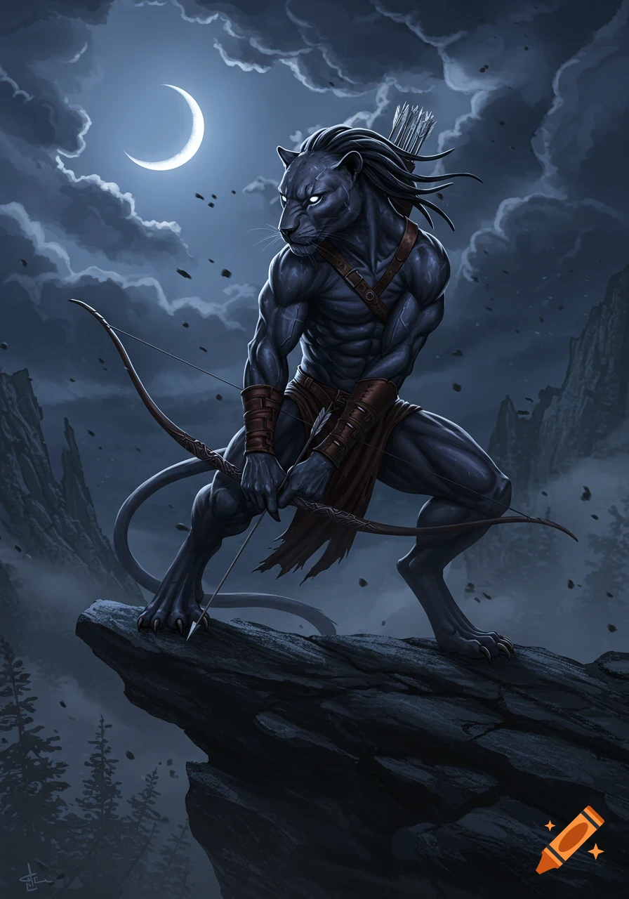 A muscular, dark anthropomorphic panther stands on a rocky cliff under a crescent moon and stormy sky, holding a bow and arrow.