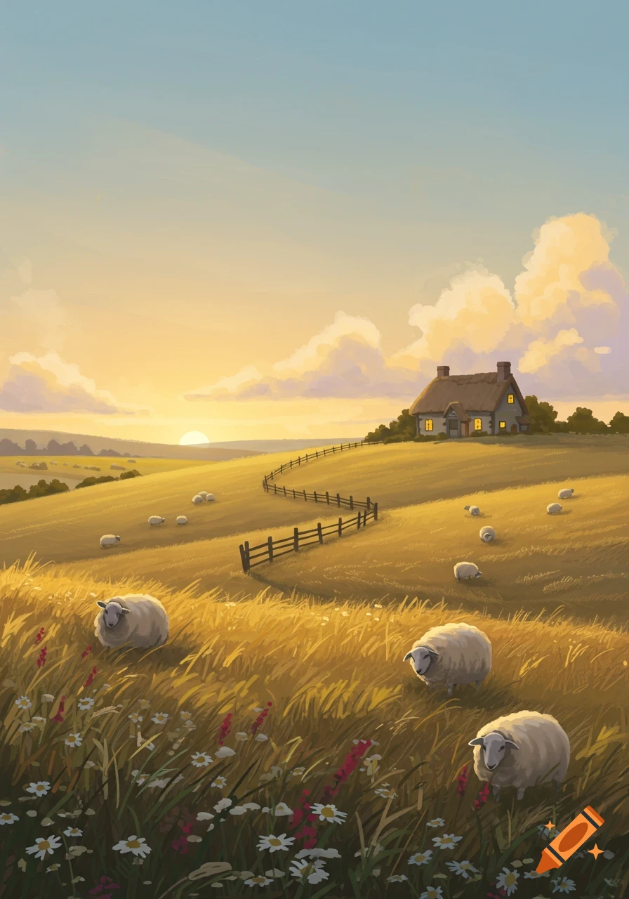 A painterly landscape shows rolling golden hills, a thatched cottage, and sheep grazing under a warm sunset sky.
