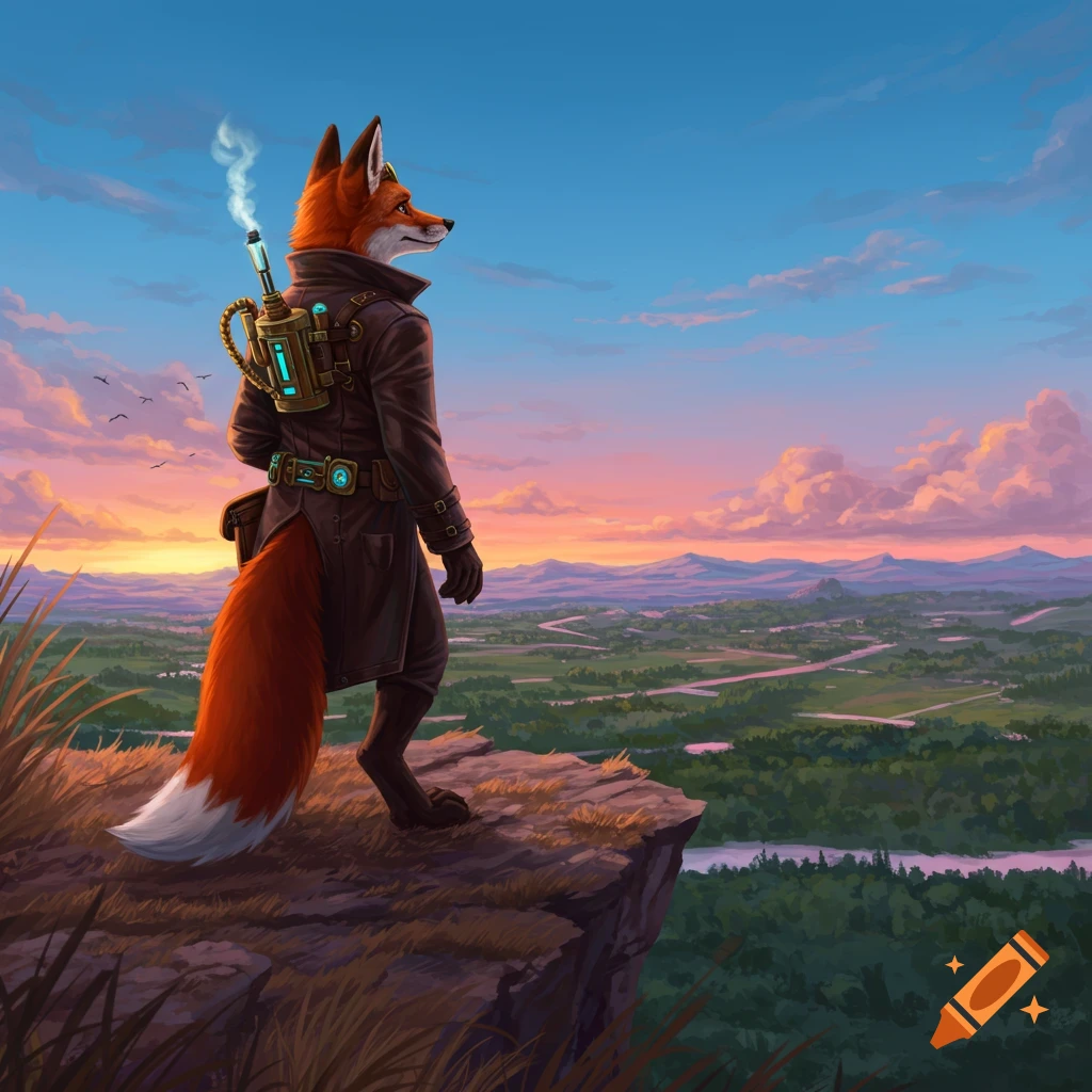 An anthropomorphic fox in steampunk attire stands on a cliff, looking out over a vast, colorful valley at sunset.