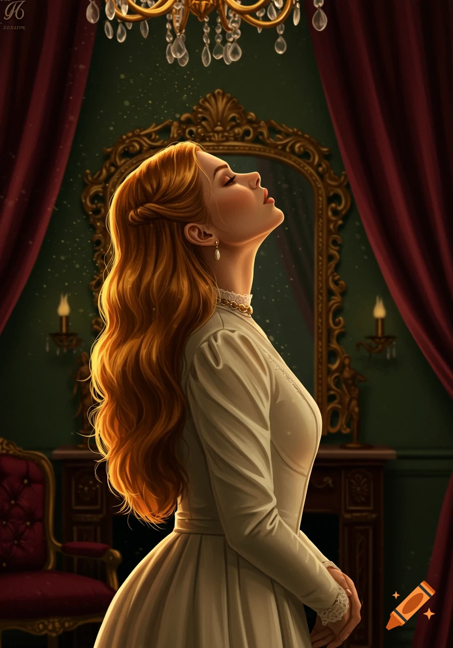 An elegant woman with long golden-red hair, in a white dress, looks upwards in a richly decorated room, illuminated by soft light.