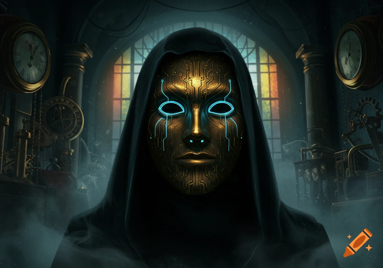 A figure in a dark hood wears a golden mask with glowing blue circuit patterns in a dimly lit, steampunk-like room.
