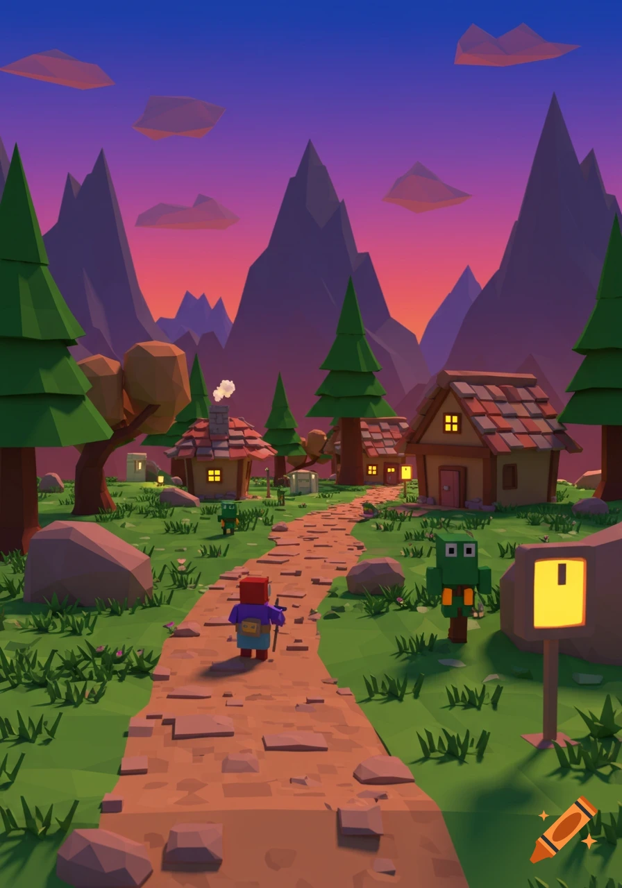 A low-poly village scene with a blocky character walking on a path, surrounded by houses, trees, and mountains at sunset.