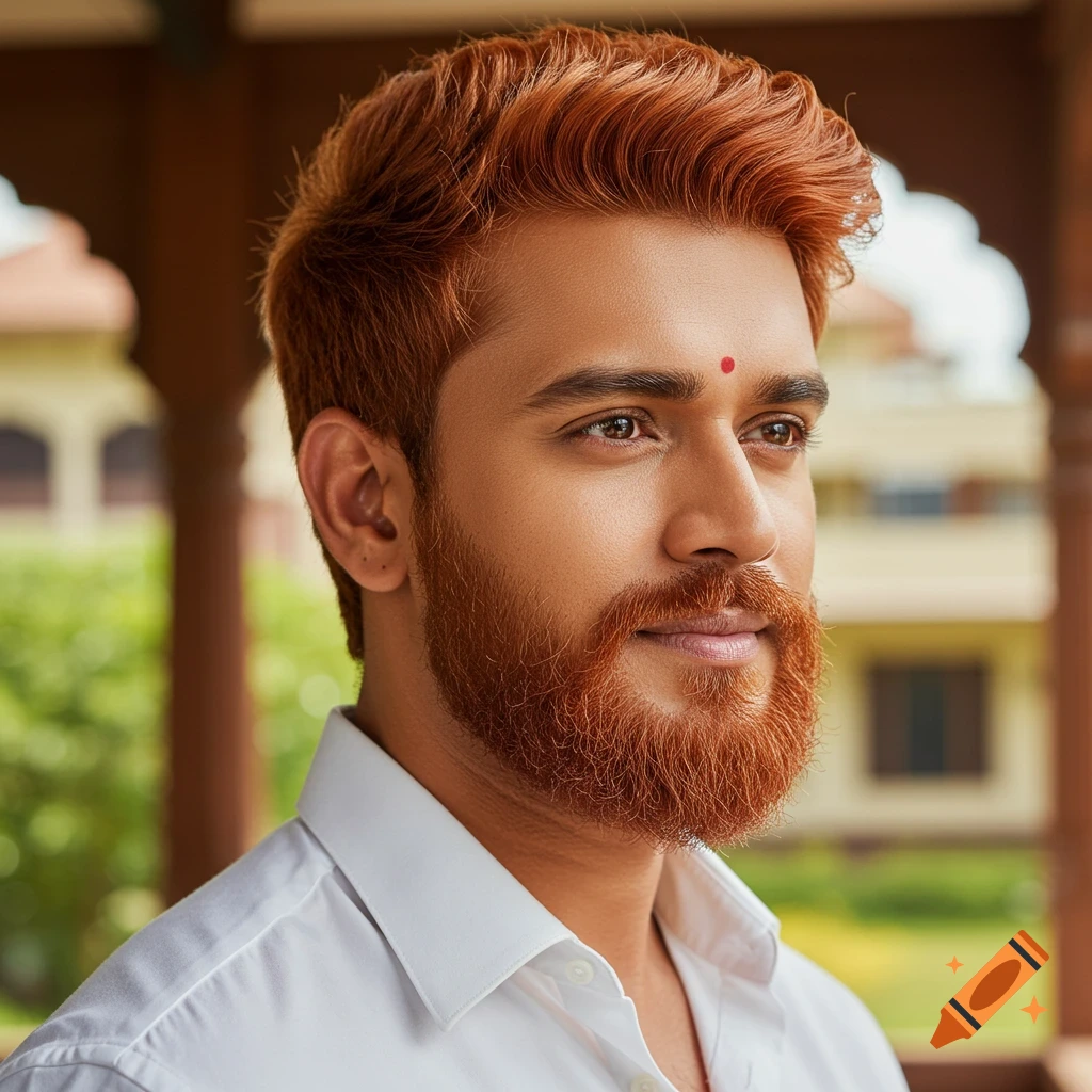 Close-up photorealistic portrait of a young Indian man with red hair and beard, wearing a white shirt, with a bindi on his forehead, looking to the side.