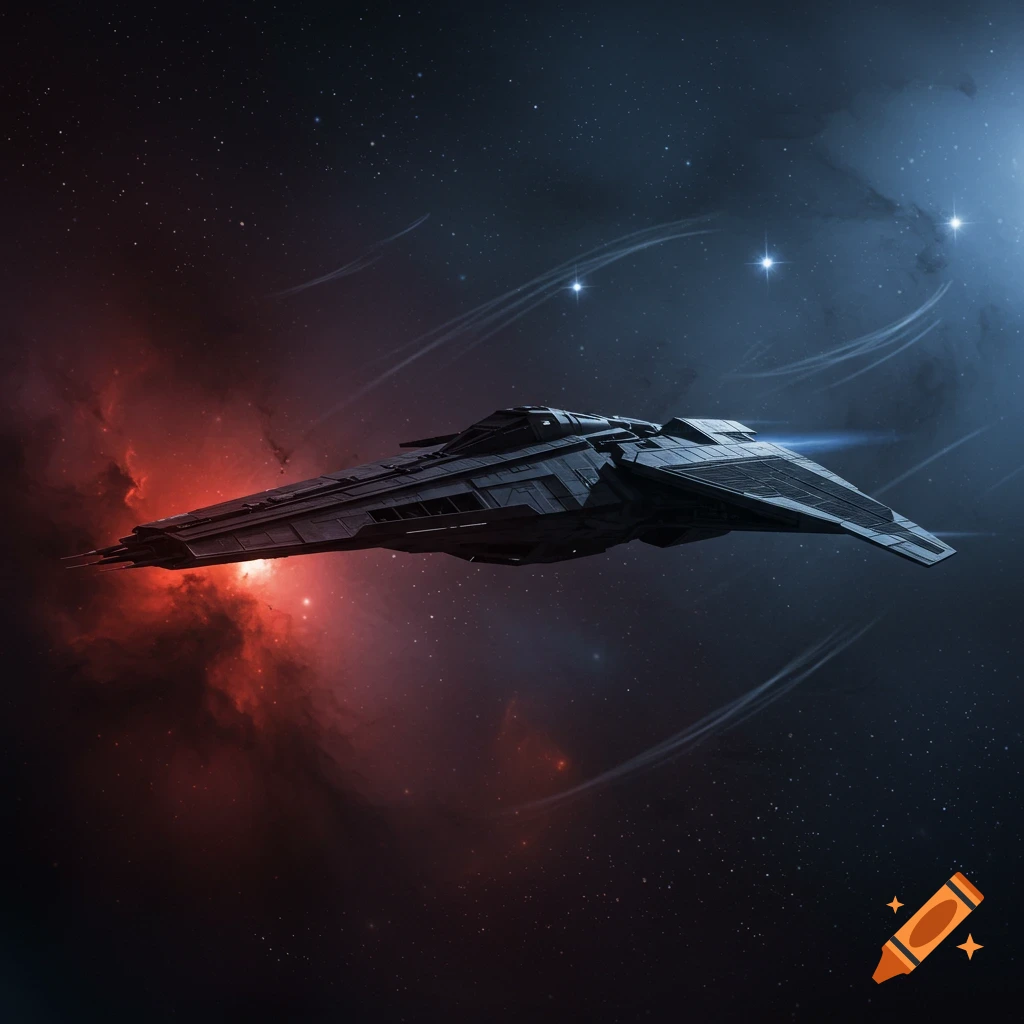 A sleek dark grey spaceship flies through space, with a glowing red nebula on the left and bright blue light sources on the right.