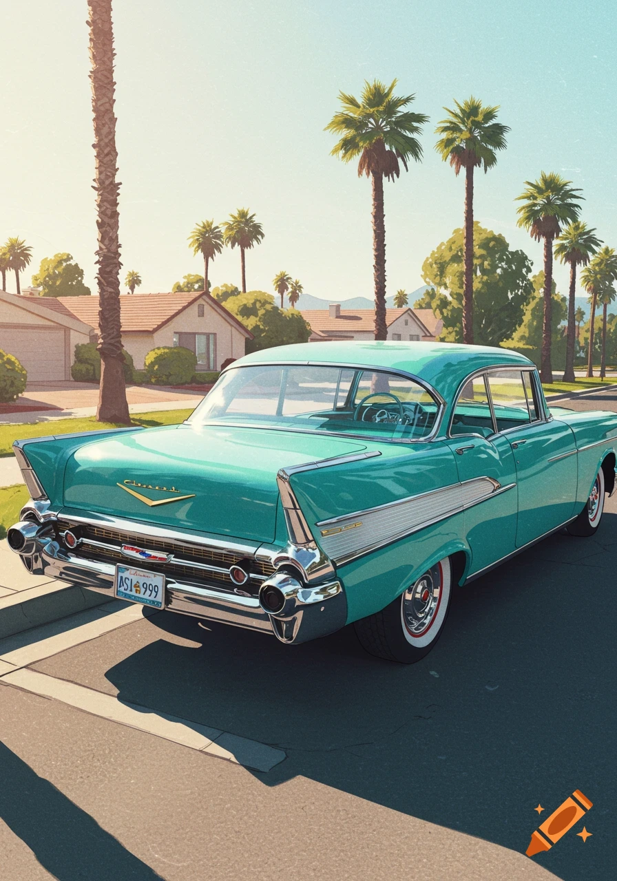 Teal 1957 Chevrolet Bel Air classic car parked on a sunny suburban street with palm trees and houses, in a stylized illustration.