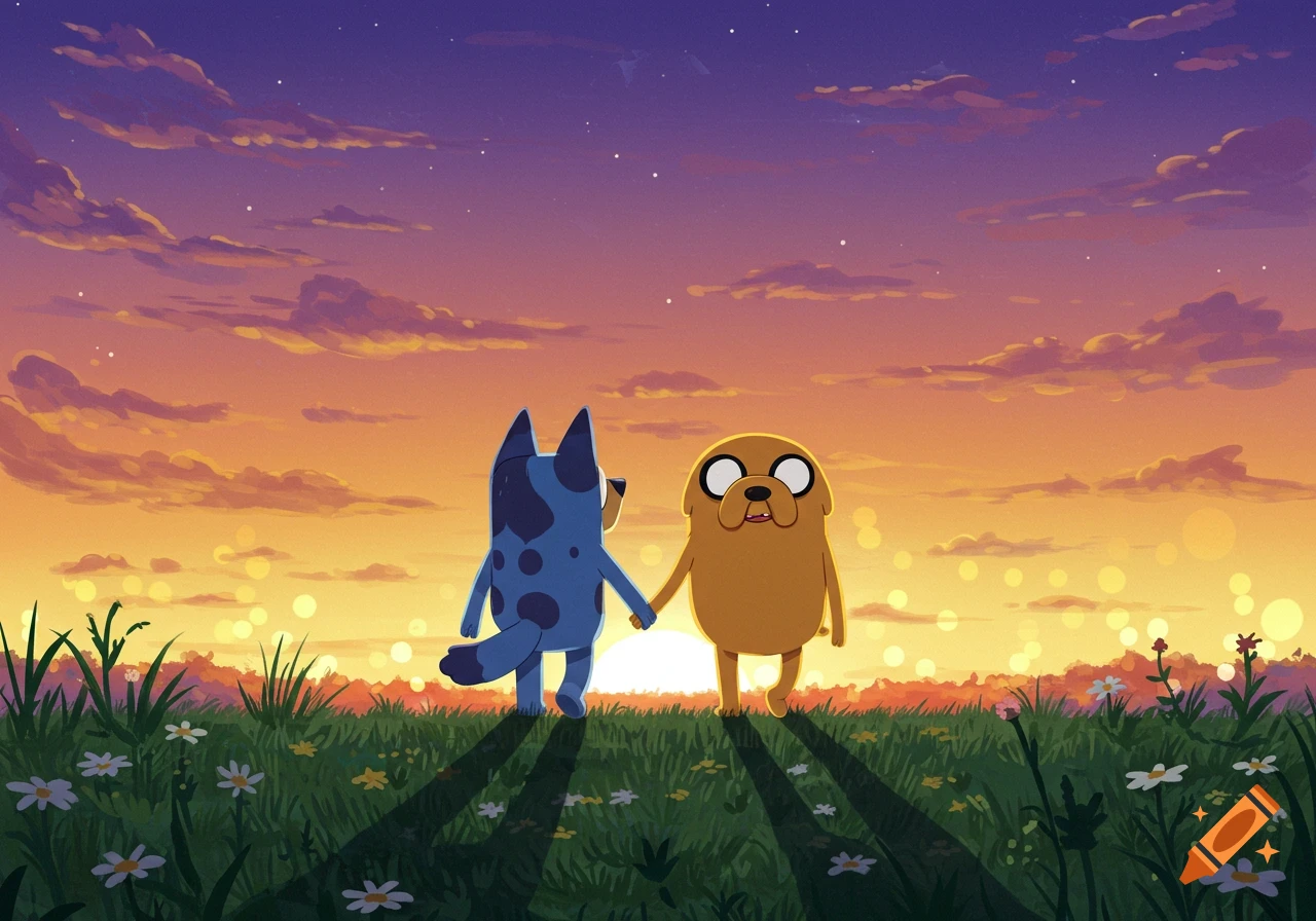 Bluey and Jake from Adventure Time hold hands walking away into a vibrant sunset over a grassy field.