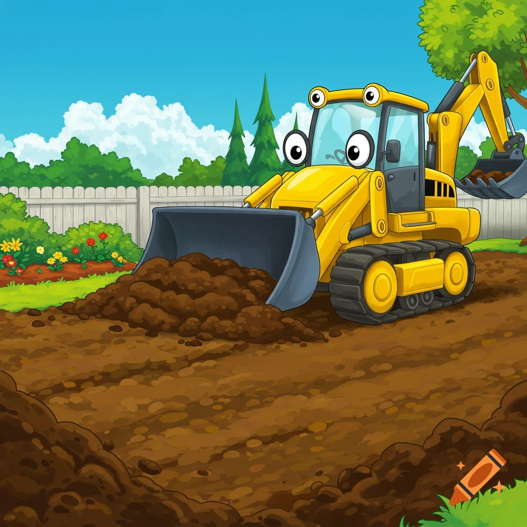 A cartoon yellow bulldozer with big eyes digs a pile of dirt in a green backyard.