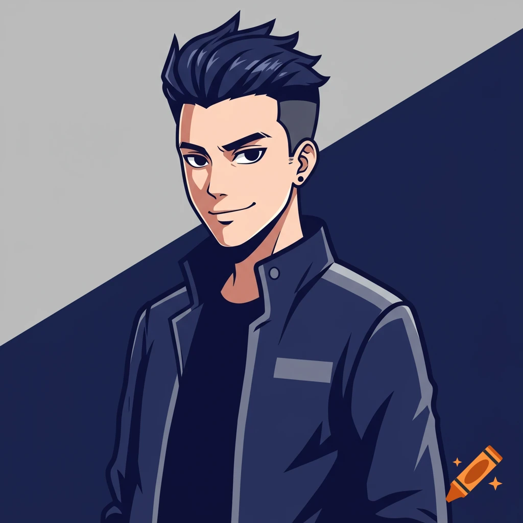 Anime portrait of a young man with dark spiky hair and a smug smile, wearing a dark jacket against a two-tone background.