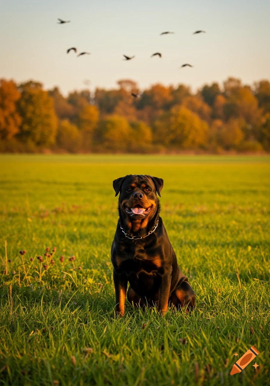 A black and tan Rottweiler dog sits in a green field with trees and birds in the background at sunset.