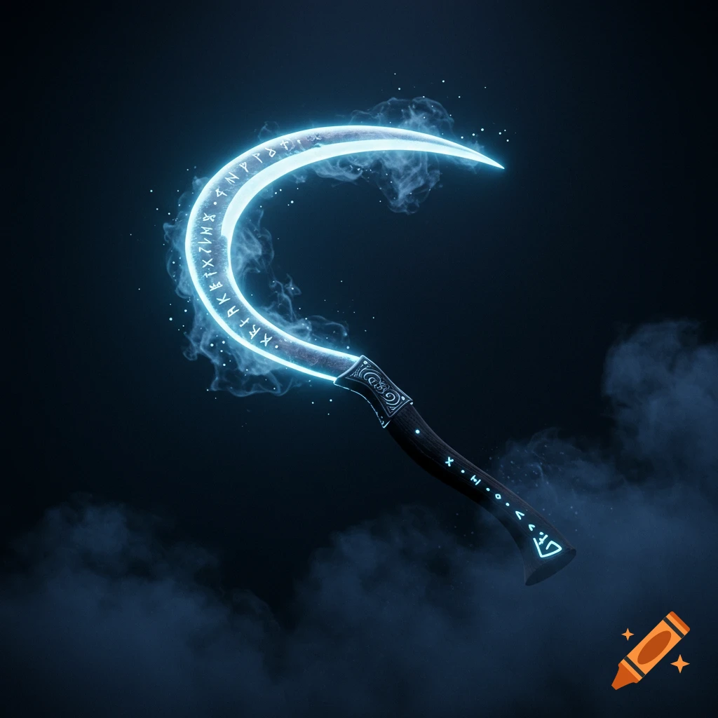 A glowing blue crescent-shaped sickle with ancient symbols on its blade, emitting smoke and sparks against a dark background.