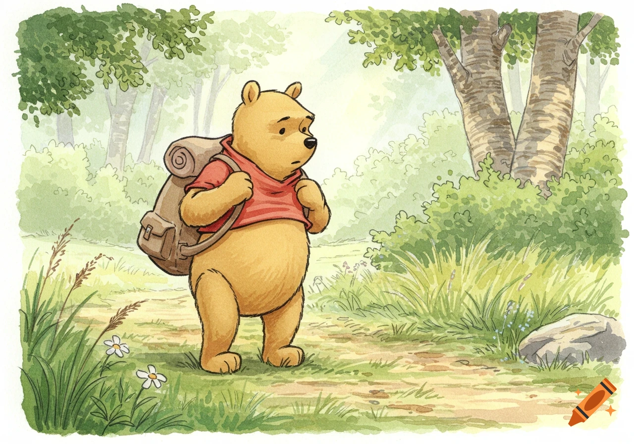 Classic illustration of Winnie the Pooh with a backpack walking on a forest path.