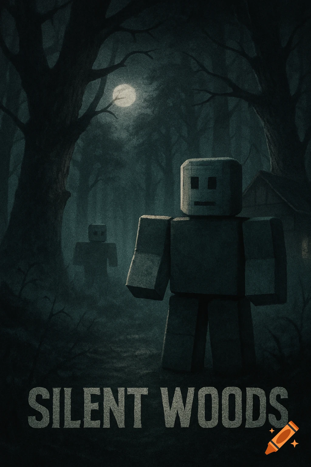 Two blocky figures in a dark, misty forest at night under a full moon, with the title 'SILENT WOODS'.