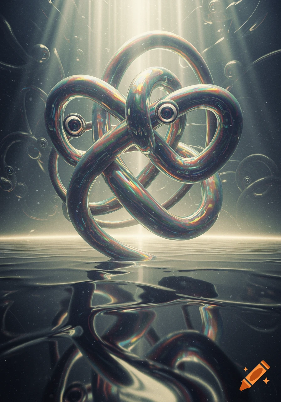An abstract, metallic, intertwined knot-like structure with eyes, reflected in a rippled liquid surface under light rays.