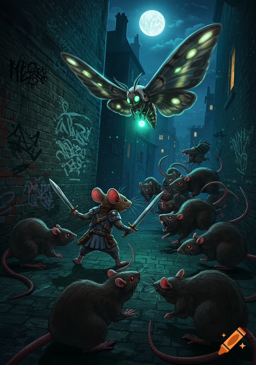 An armored mouse wielding two swords battles an army of rats in a dark, graffiti-covered alley under a full moon, with a large, glowing moth hovering above.