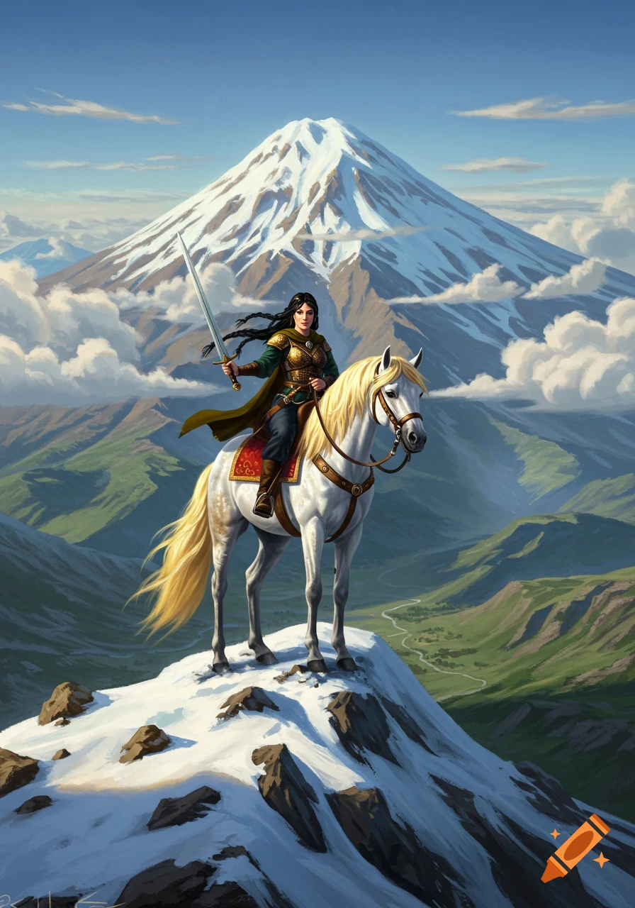 A dark-haired woman in armor on a white horse, holding a sword, stands on a snowy mountain peak overlooking green valleys and a large snow-capped mountain. Fantasy art.