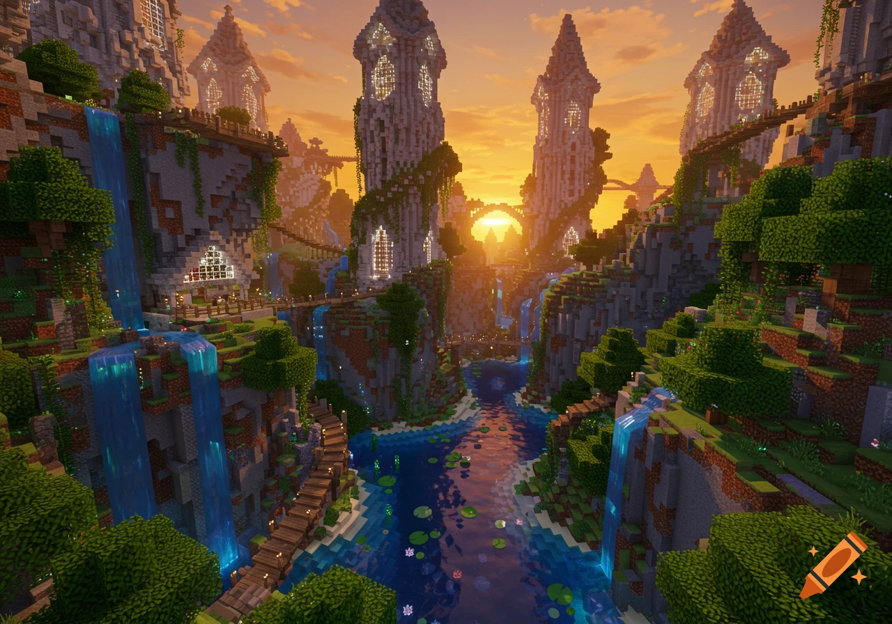 A vibrant Minecraft fantasy landscape with towering blocky castles, flowing waterfalls, and rivers under a fiery sunset.