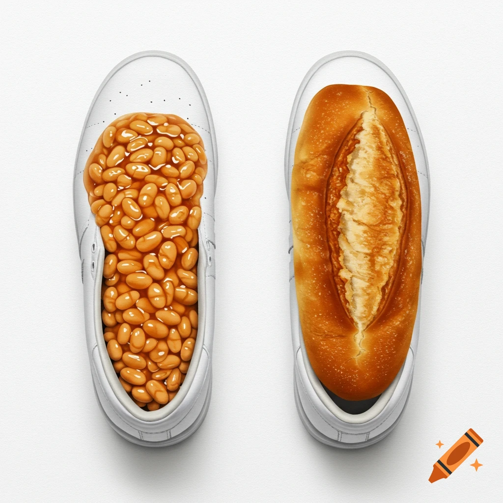 Two white sneakers from a bird's eye view; one is filled with baked beans, the other with a loaf of bread.