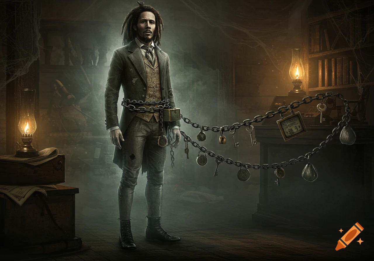 A ghostly man with dreadlocks in a suit stands in a dark, cobwebbed room, bound by chains adorned with keys, padlocks, and ledgers.