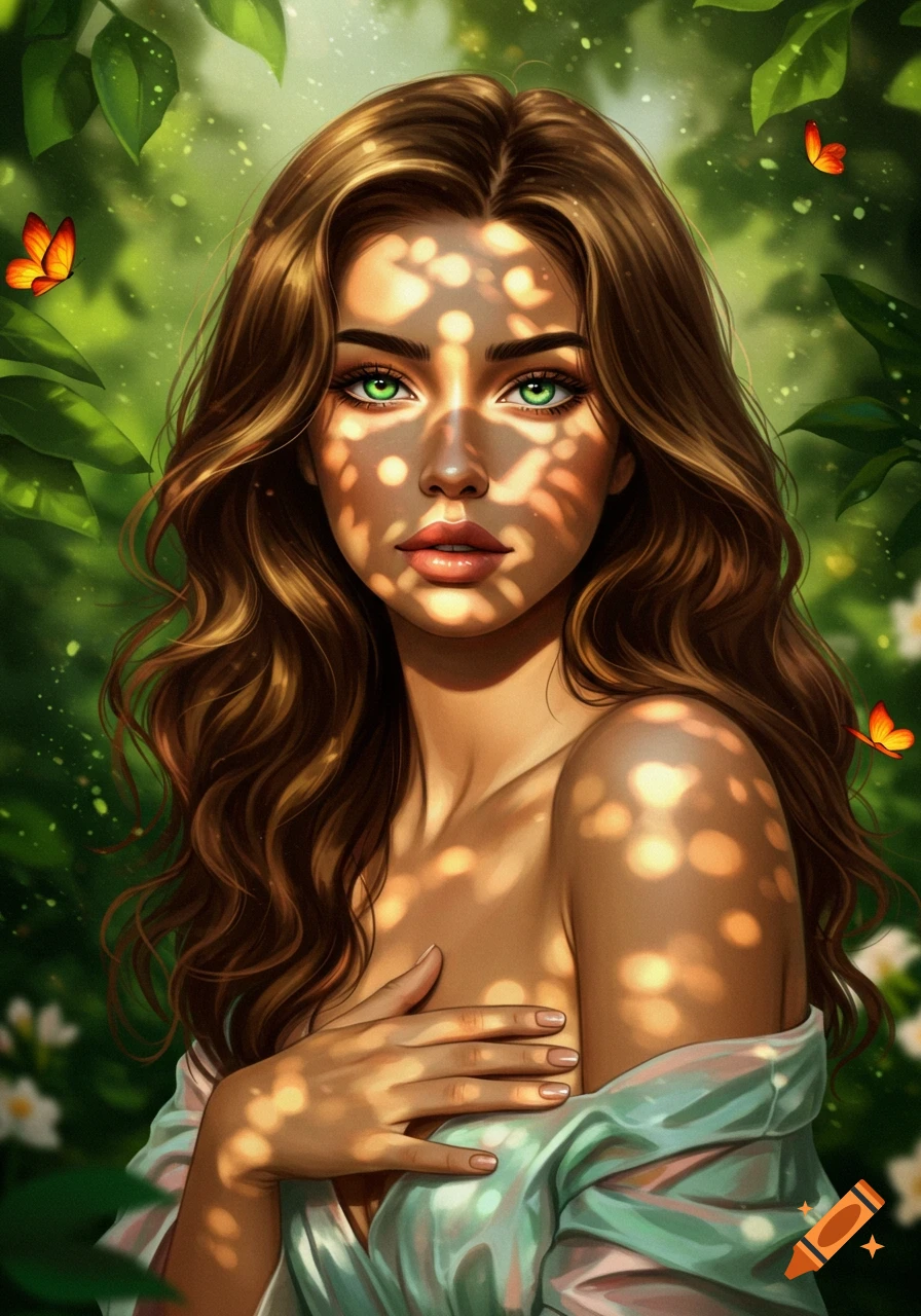 A pretty brunette woman with green eyes and wavy hair, dappled in sunlight, in a lush green forest with butterflies, digital painting.